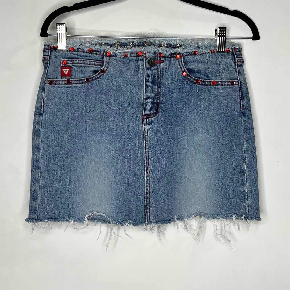 Guess Y2K Raw Hem Crystal Studded Mini Denim Skirt